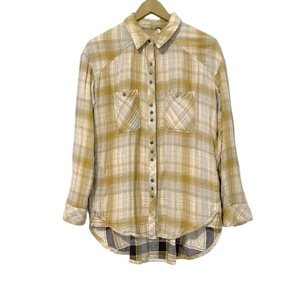Free People Yellow White Double Dip Plaid High Low Tunic Flannel Size Small - Picture 2 of 7